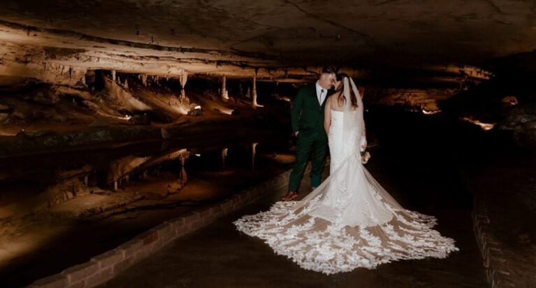 Beautiful Bride in dress in cave wedding.
