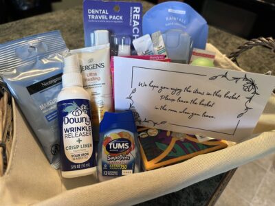 Ross Mansion at The Barns at Marengo Cave anticipates the needs of their visitors. This gift basket has little extras such as makeup remover, Tums, hand lotion, toothbrush, tooth paste, wrinkle releaser and more.