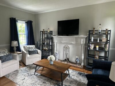 This is an image of the living room at the historic and newly renovated Ross Mansion at The Barns at Marengo Cave.